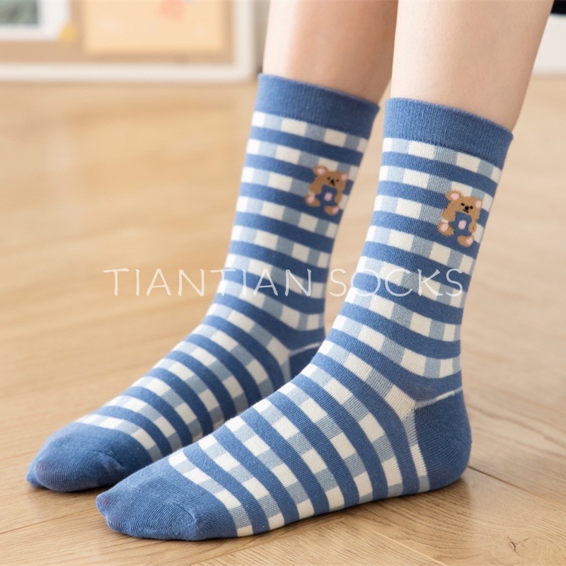 TIAN TIAN T126 Tất nữ cổ cao Hàng cao cấp Vớ Cotton nguyên chất in hình gấu hoạt hình phong cách Hàn Quốc dễ thương phong cách Nhật Bản cho học sinh