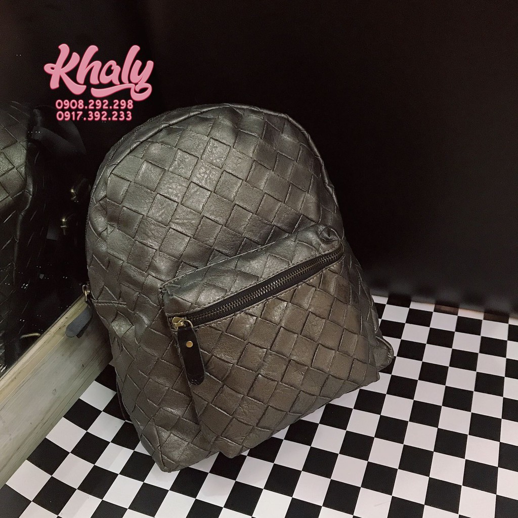 Balo teen thời trang 2 ngăn vải da kiểu đan chéo màu xám cho bạn nữ, học sinh, sinh viên - BL76XC5005 - (29x15x30cm)