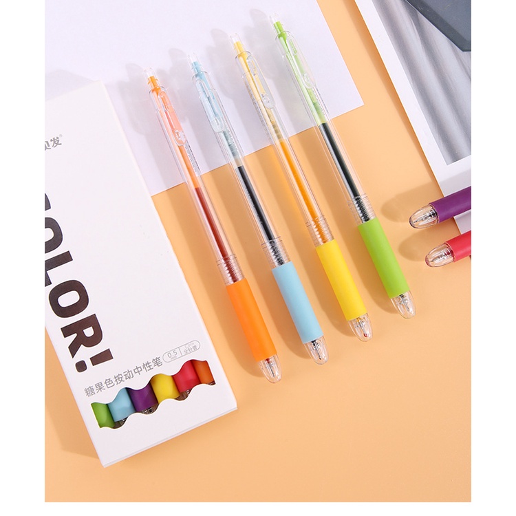 Set 6 Bút Bi Mực Gel Ngòi 0.5MM Màu Xanh Dương/Xanh Lá/Tím/Đỏ/Cam Cho Học Sinh