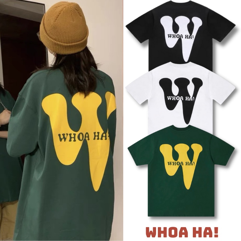 Áo thun tay lỡ unisex WHOA HA, áo phông form rộng cổ tròn nam nữ cotton 100%
