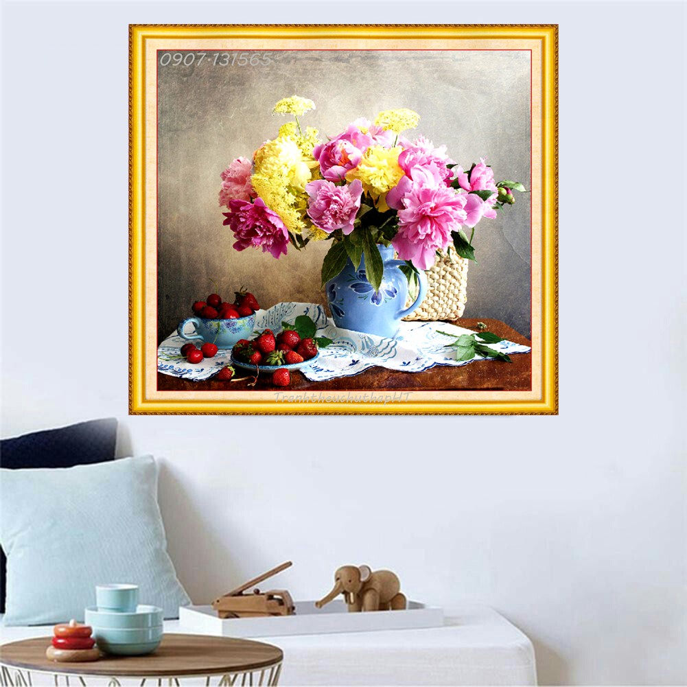 tranh gắn đá bình hoa KT:57x53cm,tranh đính đá chưa gắn