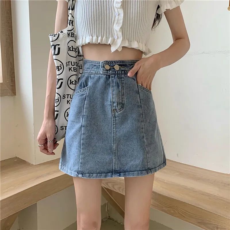 Chân váy jean lưng cao dáng chữ A màu xanh nhạt phong cách Hàn Quốc thời trang mùa thu mới cho nữ