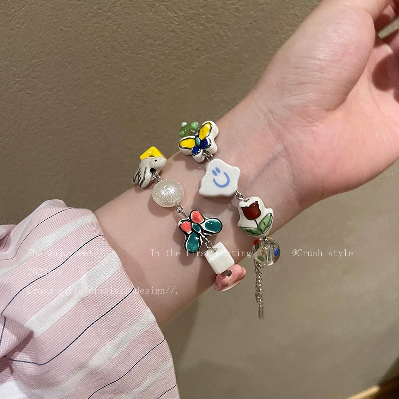 Vòng Tay Dây Xích Màu Bạc Họa Tiết Hoạt Hình Động Vật / Hoa / Trái Tim