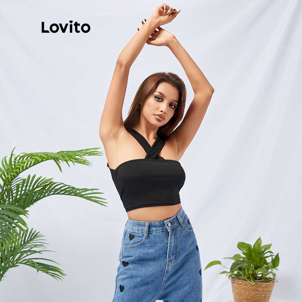 Áo tank Lovito top cổ yếm màu đen L11074