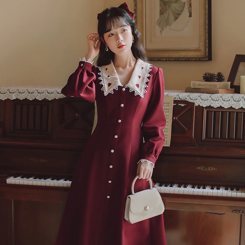 Đầm cổ búp bê nữ phong cách Retro Pháp thanh lịch hợp mùa xuân thu