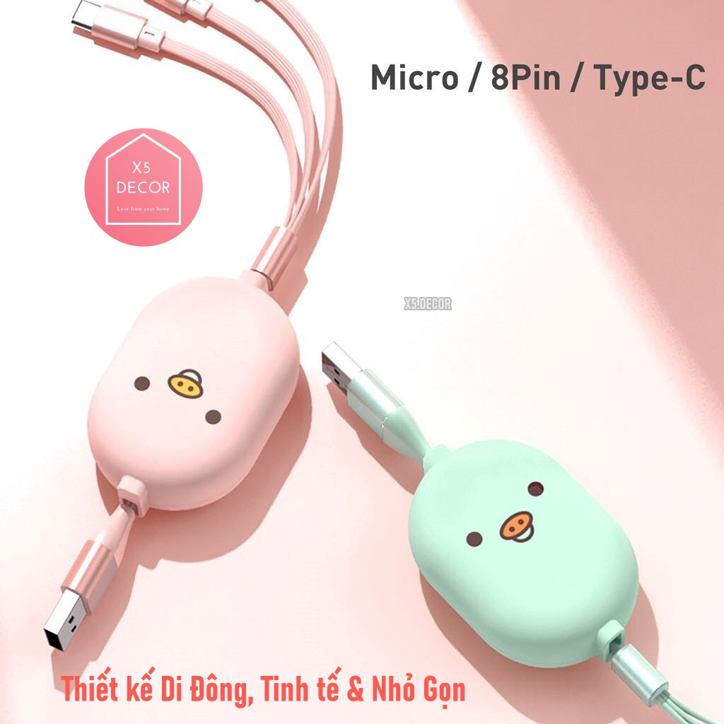 Cáp Sạc 3 Đầu Rút Gọn Được Cho Apple / Android / Type-C - Sạc Nhanh Đa Năng Dây 1m2 Dẹt Siêu Bền - BH 12 Tháng