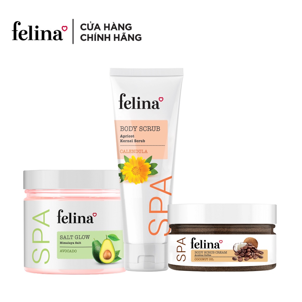 Combo 3 hộp tẩy tế bào chết Felina - Muối hồng Himalaya 500g/hộp, Kem cà phê 220g/hộp, Gel hạt mơ nghiền 300ml/hộp