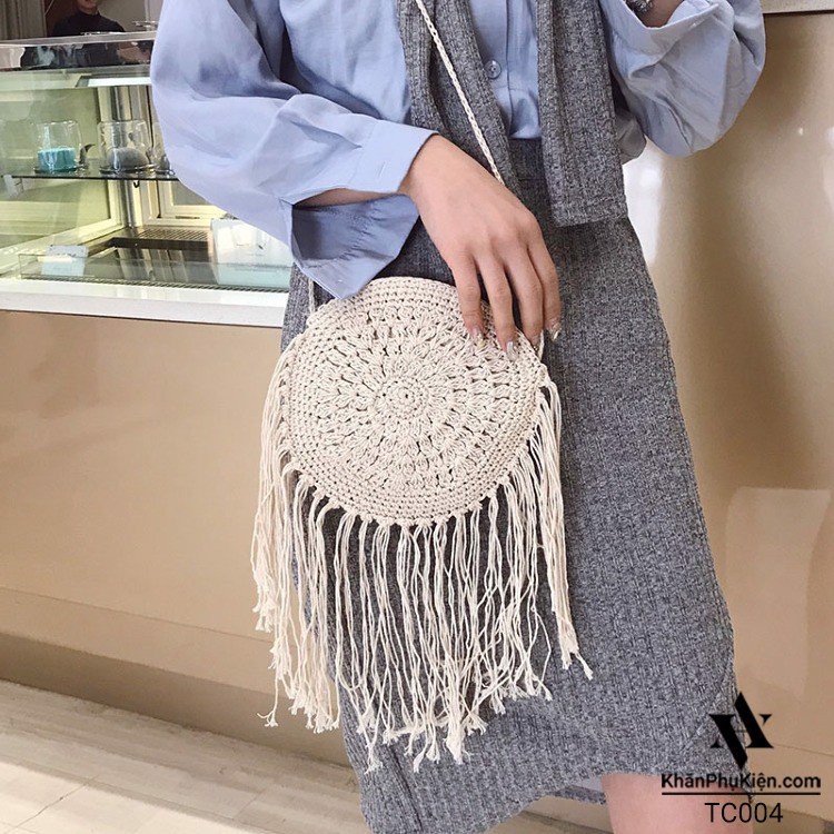 [NowShip - Giao Ngay] Túi Cói Boho Vintage Đeo Vai, Đeo Chéo Hình Tròn Đính Tua Rua Màu Nâu Be Trơn