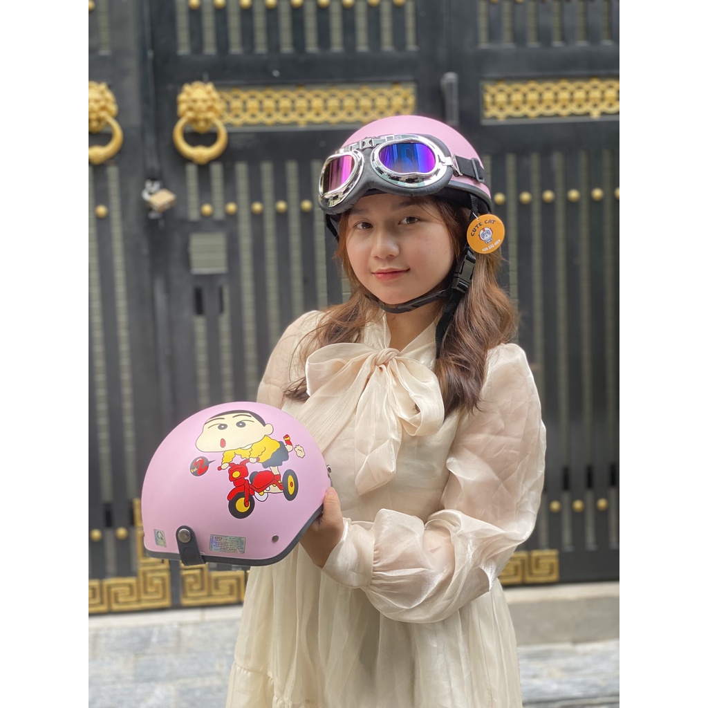 Nón Bảo Hiểm Nửa Đầu Kính Phi Công Dán Sticker, Mũ bảo Hiểm 1/2 Đầu Kính Phi Công Dán Sticker Cute CUTE CAT