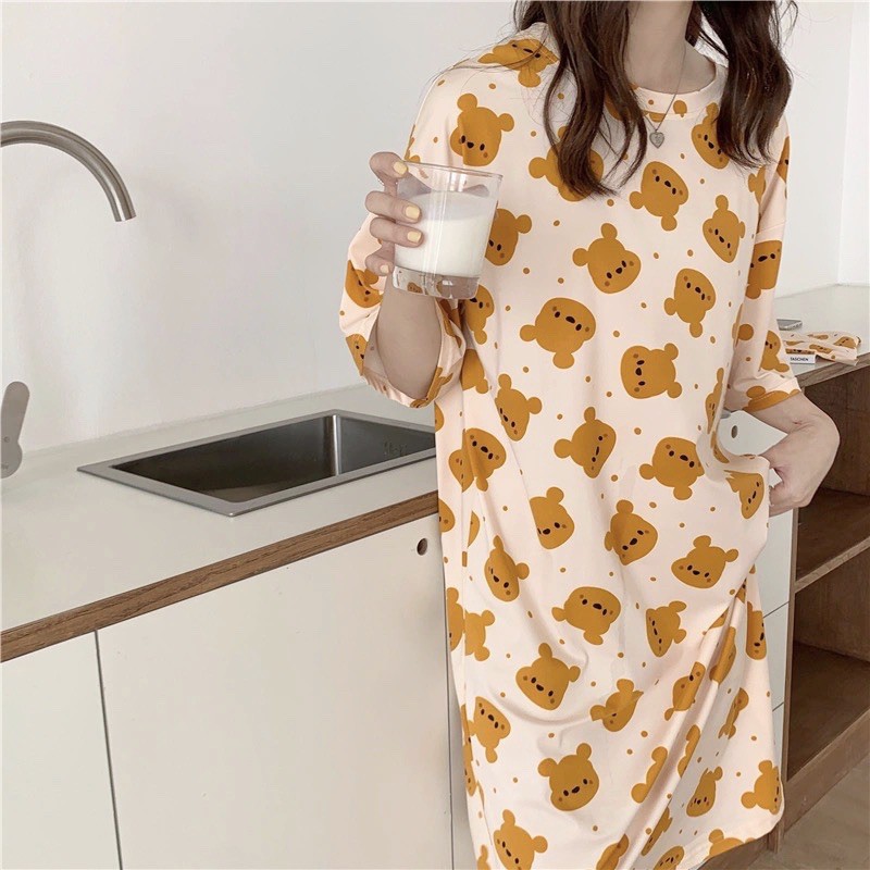 Váy ngủ cute hình gấu poor, Váy ngủ dáng xuông hình gấu vàng đáng yêu
