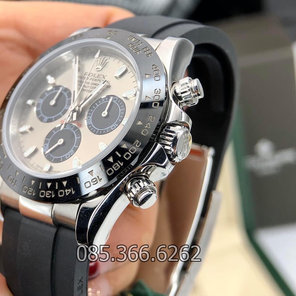 Đồng hồ nam Rolex cơ Automatic Máy Nhật mẫu 3 nút màu xám dây cao su số DẠ QUANG size 41-42mm