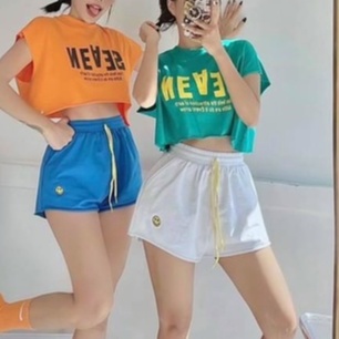 quần short thun đùi cotton thêu mặt cười cute na