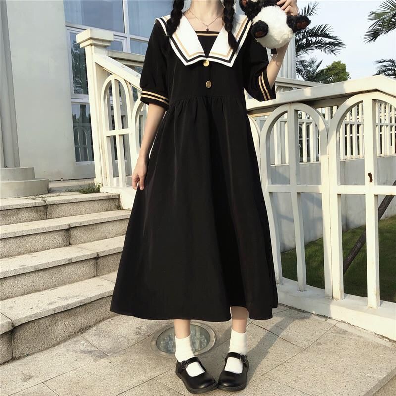 Đầm nữ tay ngắn cổ thủy thủ phong cách Nhật Hàn