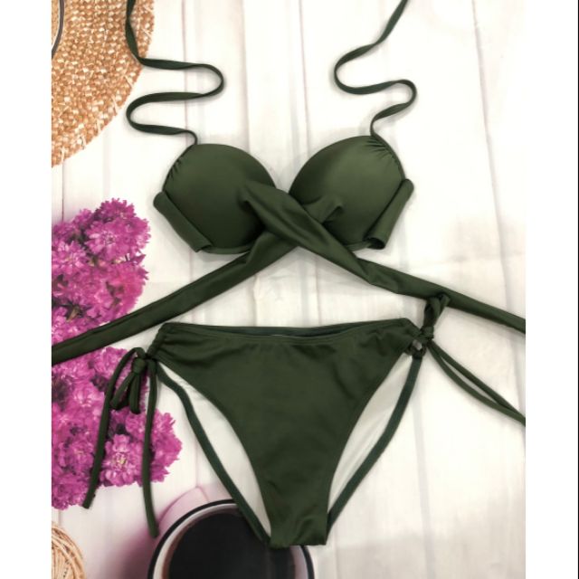 Bikini, bộ bơi áo gọng chéo nâng ngực, quần tam giác, màu xanh rêu, khoe dáng chuẩn EVA SHOP