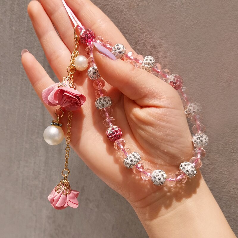 Dây Đeo Điện Thoại Đính Hạt Pha Lê Hình Hoa Xinh Xắn Chống Thất Lạc