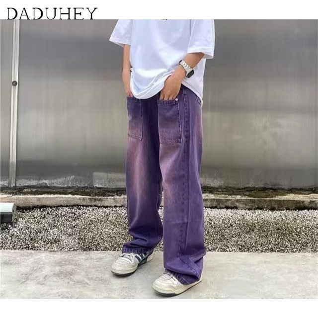 DaDuHey American Retro Washed Purple Jeans Ins Men &amp; Women Trendy Fashion Street Loose Straight Pants