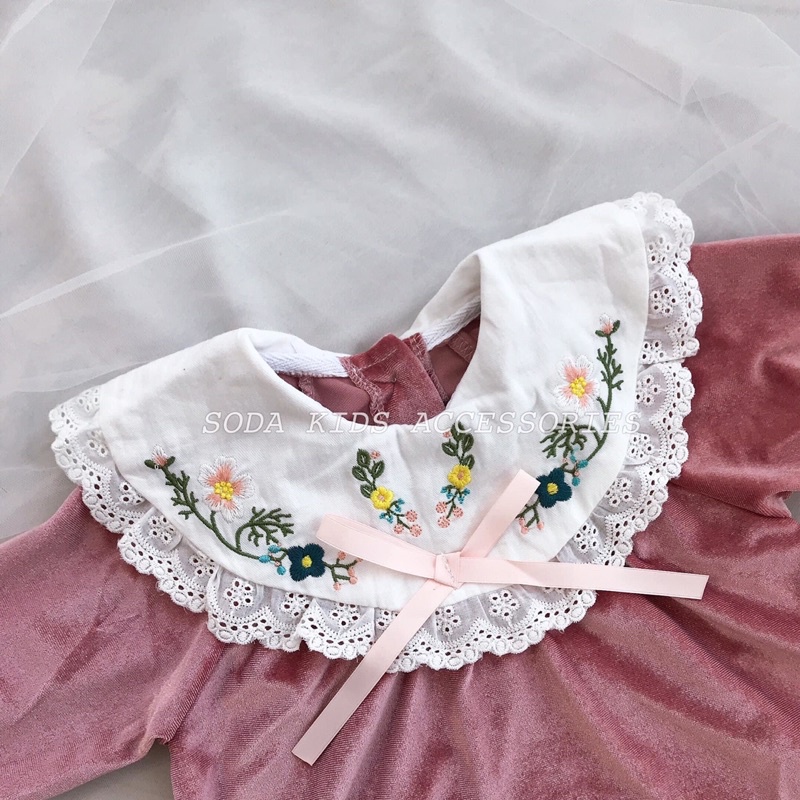 Váy nhung hồng cổ nơ thêu hoa (Ảnh thật)