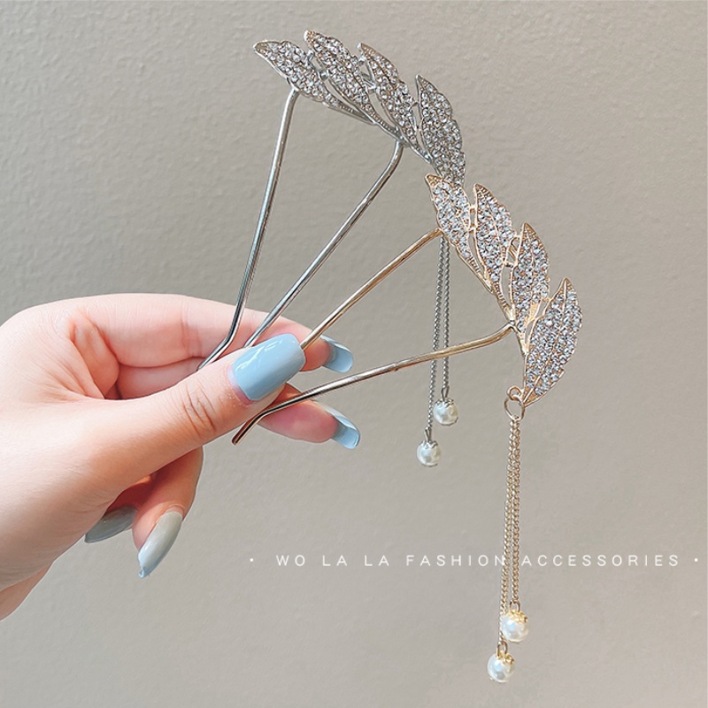 Kẹp tóc hình chiếc lá đính đá và ngọc trai nhân tạo thời trang Hàn Quốc