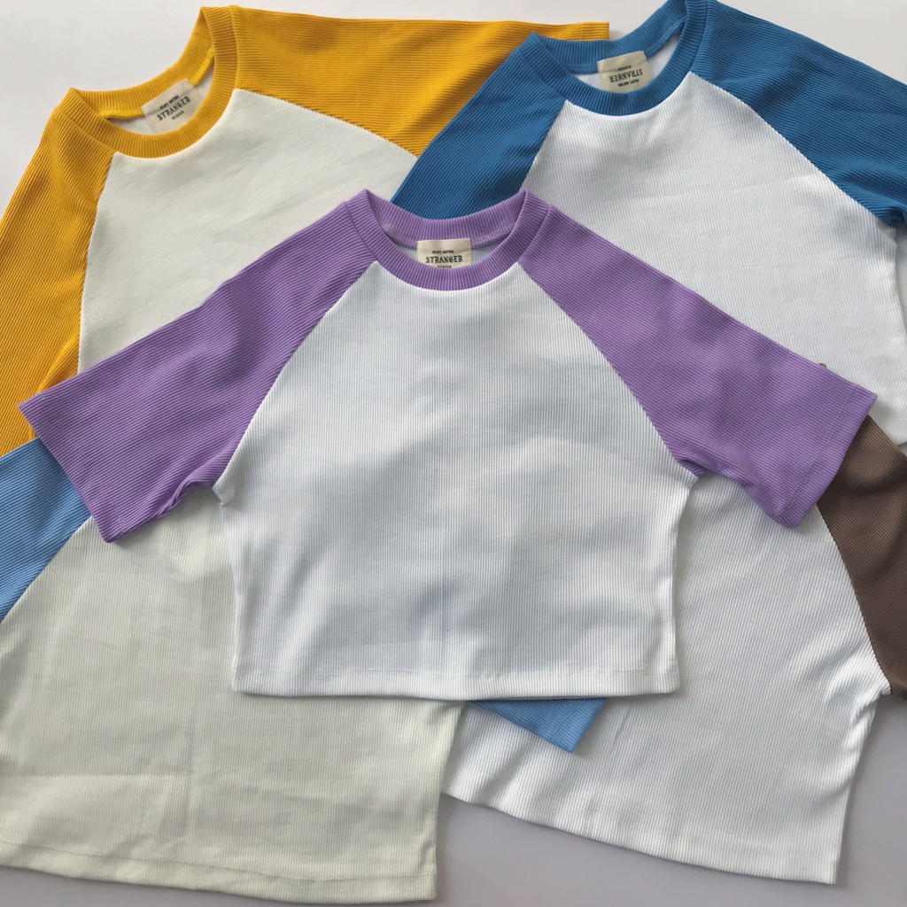 Áo Croptop Raglan thun gân nhiều màu