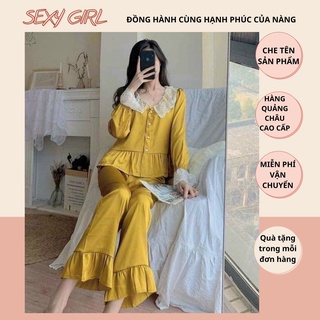 Set ngủ lụa dài tay , pijama tiểu thư cổ ren viền bèo cao cấp