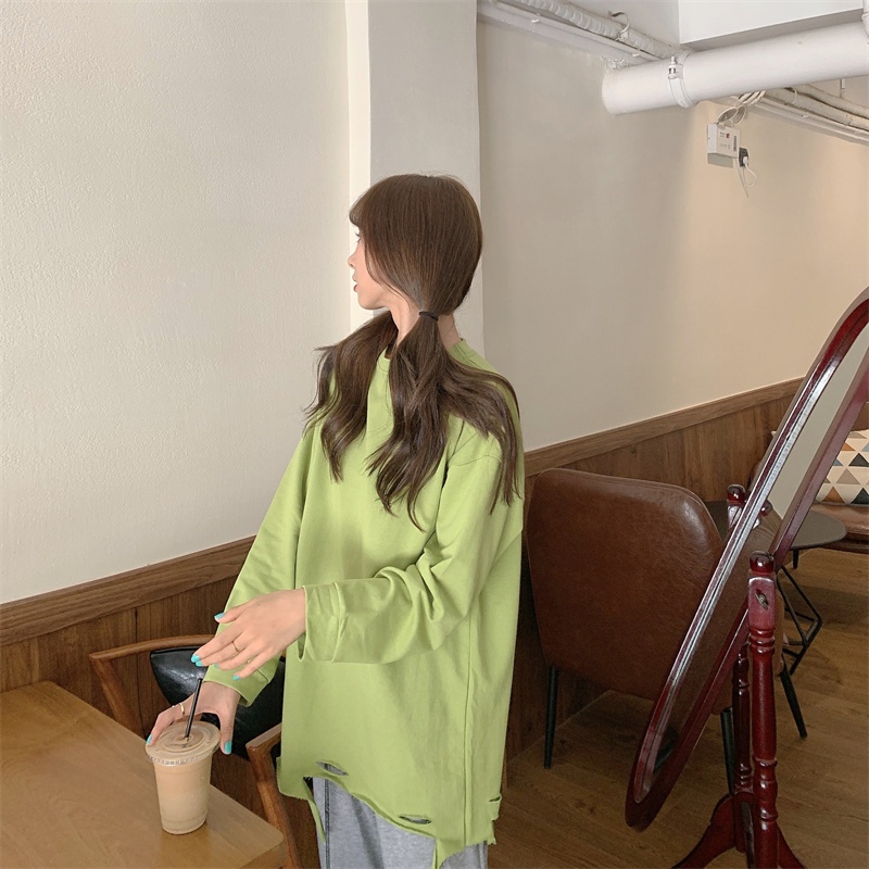 【ZHELIHANGFEI】Áo Thun Tay Dài Rách Cá Tính Trẻ Trung Hợp Thời Trang