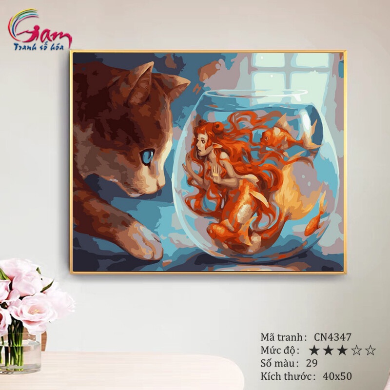 Tranh trang trí treo tường sơn dầu tự tô Gam chú mèo và nàng tiên cá CN4347