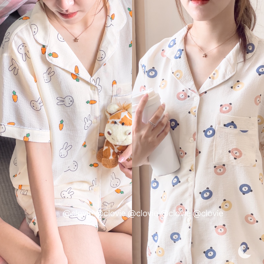 Đồ ngủ mặc nhà, đồ pyjama nữ cộc tay cực xinh Freesize Clovie