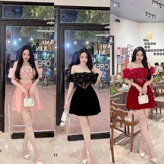 Đầm nhung phối tơ đính ngọc trễ vai phối ren eo siêu đẹp