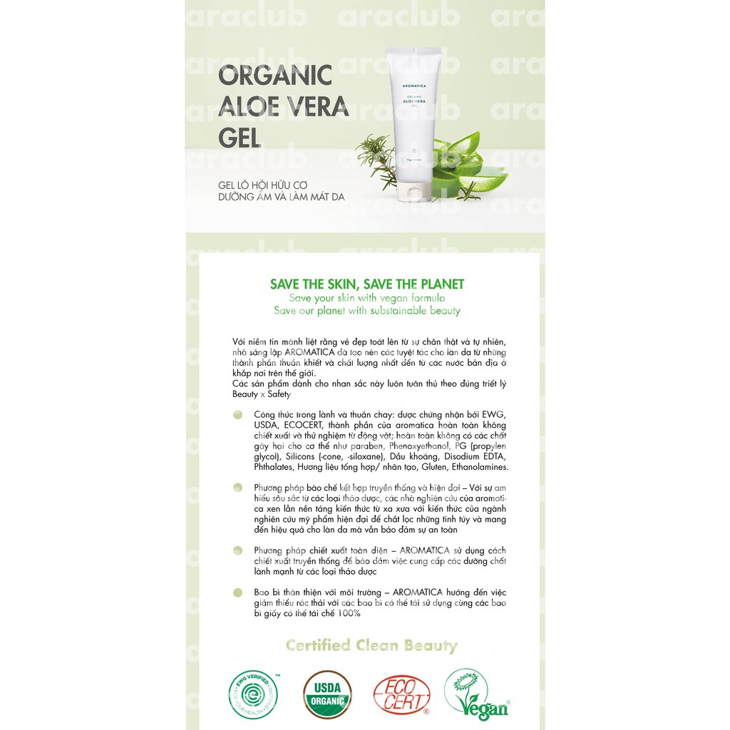 Gel Lô Hội Hữu Cơ Dưỡng Ẩm, Làm Dịu Da Mặt Và Toàn Thân Aromatica Organic Aloe Vera Gel 50ml/180ml