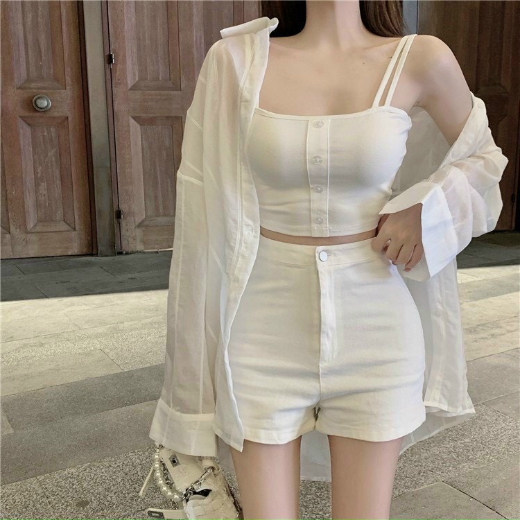 Set 3món: Áo sơmi + quần short trắng + áo 2s