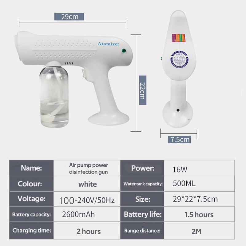 【Ready Stock】2600mah 16w 500ml Handheld Wireless Atomizer Fogging Machine Blue Light Nano Spray Gun Disinfectant Spray Machine Wireless Disinfection Gun