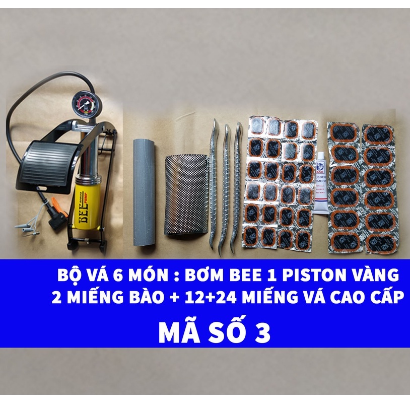 [Bơm Chân BEE Vàng 1 Piston ] Bộ 6 Món Vá Ruột Xe Máy &amp; Xe Đạp Có Bơm Chân Tốt + 2 Miếng Bào Ruột