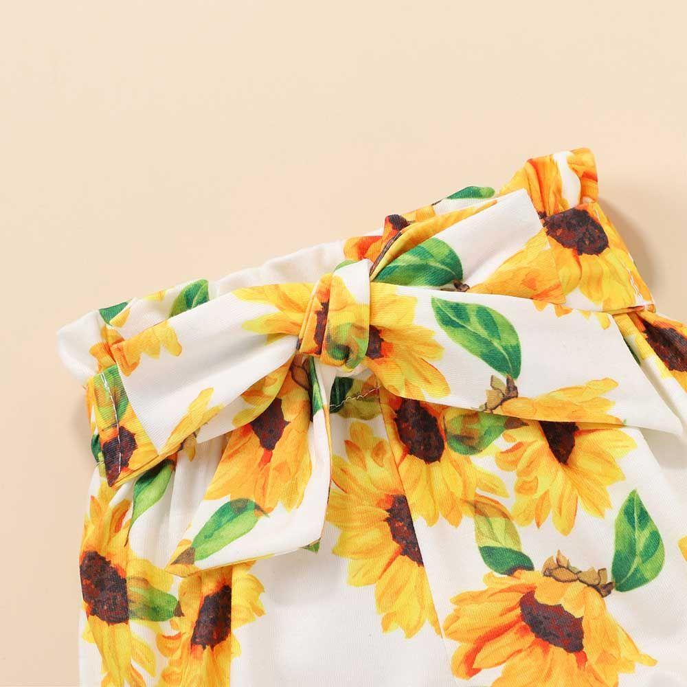 Bộ Áo Liền Quần Ngắn Tay Họa Tiết Hoa Hướng Dương Đan Len Phối Bèo Xinh Xắn Cho Bé Gái