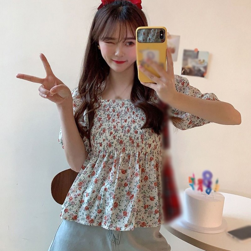 Áo Tay Ngắn Cổ Chữ U Họa Tiết Hoa Xinh Xắn Thời Trang Mùa Hè Dành Cho Nữ