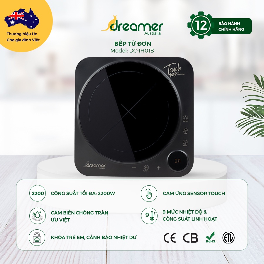 Bếp Từ Đơn Dreamer DC-IH01 Đen 2200W, Chống Tràn, Cảnh Báo Nhiệt Dư, Khóa Trẻ Em, Bảo Hành 12 Tháng-