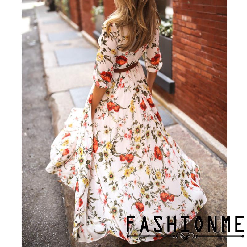 Đầm maxi dài tay họa tiết hoa trang trí phong cách Boho
