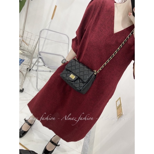 Váy cổ V tay nhún, váy rộng vải dày dặn thoải mái - Almaz Fashion