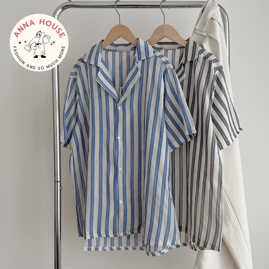 Áo sơ mi nữ cộc tay cổ vest kẻ sọc xanh, xám chất đũi form rộng, Áo sơ mi nữ tay ngắn, dài cổ vest kẻ sọc Freesize