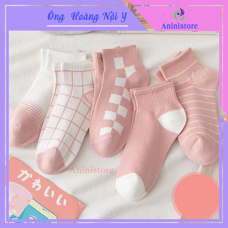 Tất cổ ngắn, vớ cổ ngắn nữ ô lưới, kẻ ngang màu trắng hồng dễ thương (TP CN 018 – Aninistore)