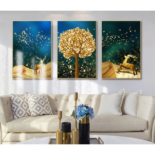 Bộ 3 tranh treo tường canvas hươu tông vàng xanh sang trọng VIP 7682 - 30 x 45cm x 3 tranh