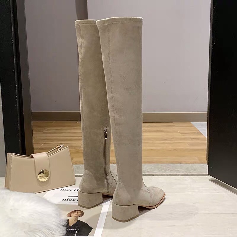 [Sẵn 35 38] Boots đùi nữ ôm chân ulzzang da trơn gót vuông cao 5cm | BigBuy360 - bigbuy360.vn