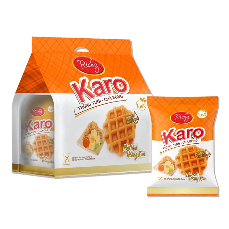 Bịch 06 gói bánh trứng tươi chà bông vị Phô Mai hoàng kim Karo Richy gói 26g