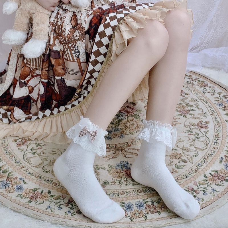 Vớ cotton phối ren nhún bèo phong cách lolita xinh xắn cho nữ