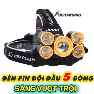 Đèn pin đội đầu 5 bóng Led chính hãng - Siêu sáng kèm 2 pin, kèm sạc