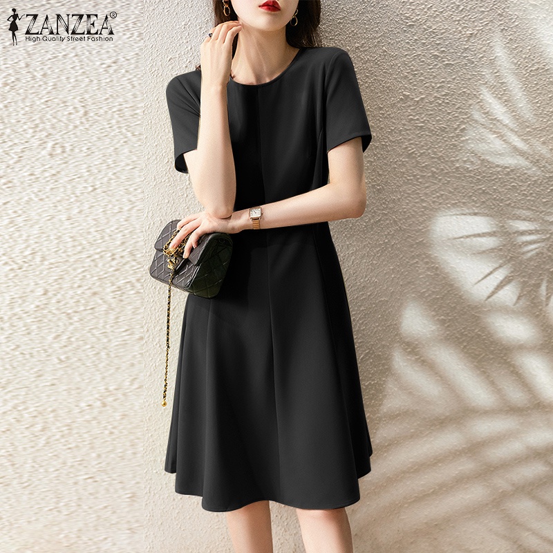 Zanzea đầm tay ngắn màu trơn thiết kế đơn giản phong cách Hàn Quốc cho nữ