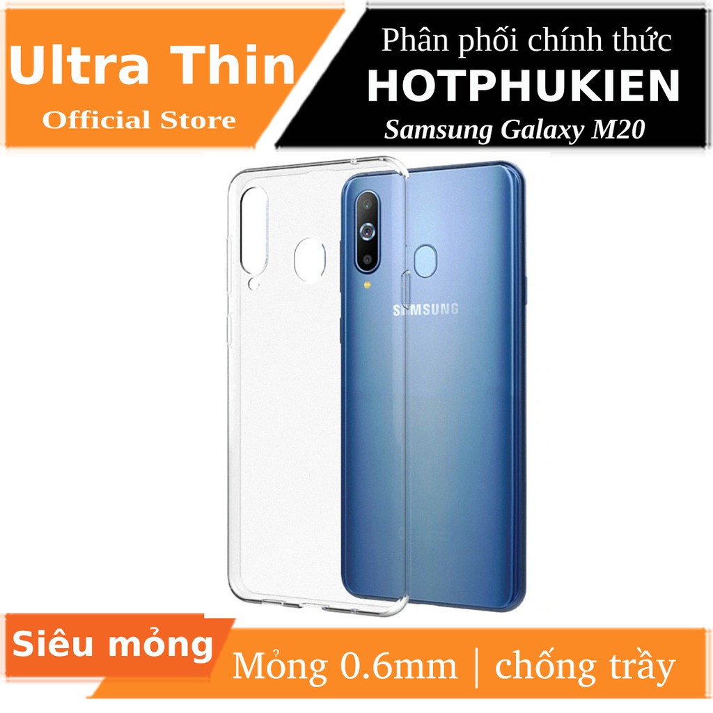 Ốp lưng dẻo silicon cho Samsung Galaxy M20 hiệu Ultra thin (0.6mm, trong suốt,chống trầy) - Hàng chí
