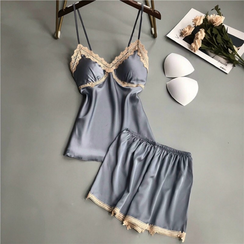 Bộ ngủ lụa 2 dây cao cấp phối ren ngực- Đầm mặc nhà sang chảnh quyến rũ