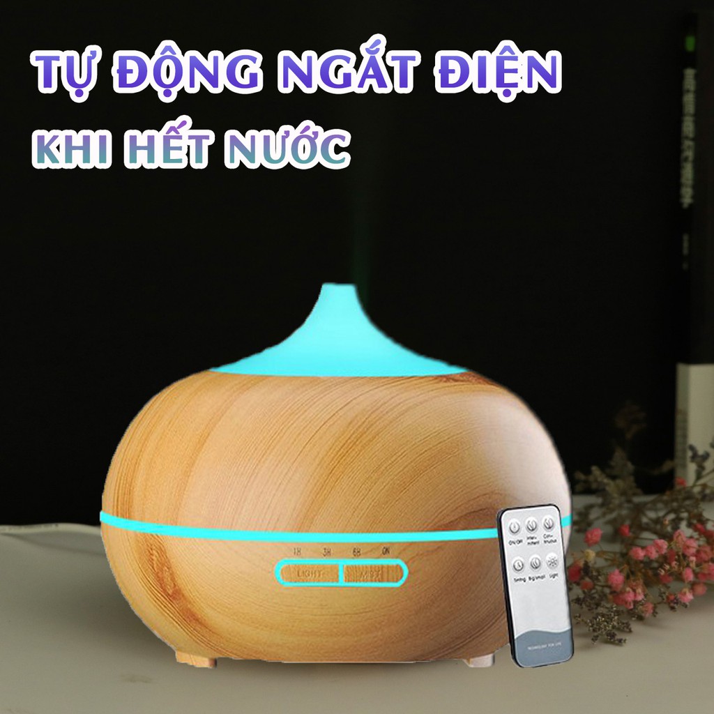 Máy xông tinh dầu Chóp Ngắn vân gỗ cao cấp 550ml tích hợp remote điều khiển