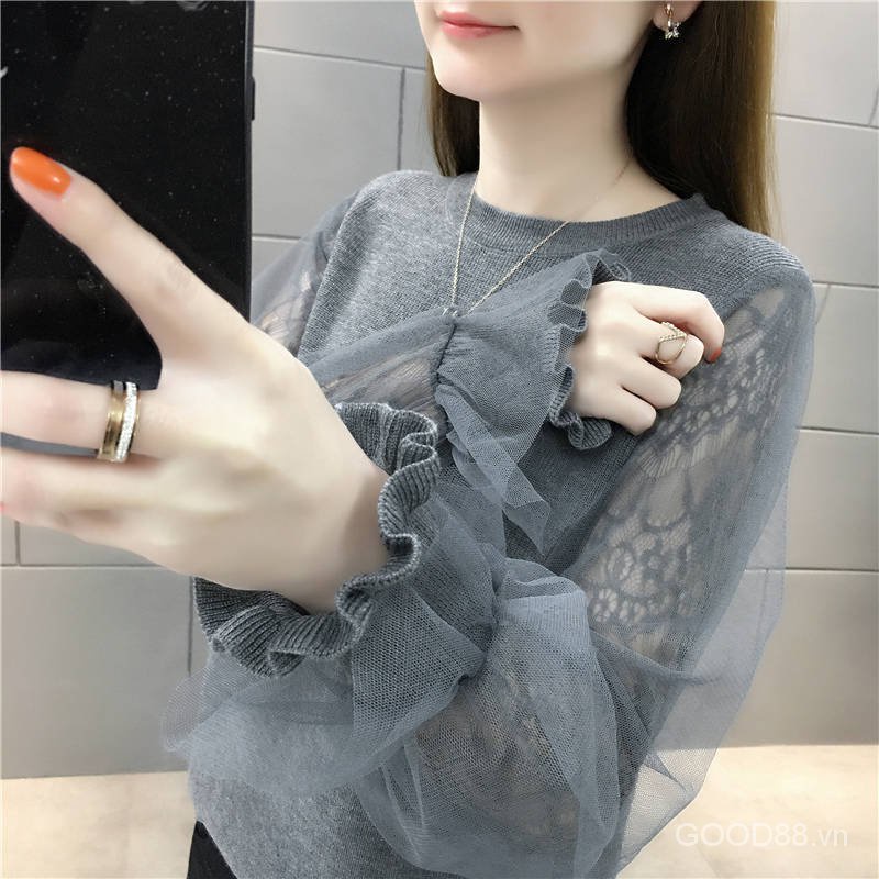 Áo len tay dài phối ren lưới thời trang Hàn Quốc mới cho nữ