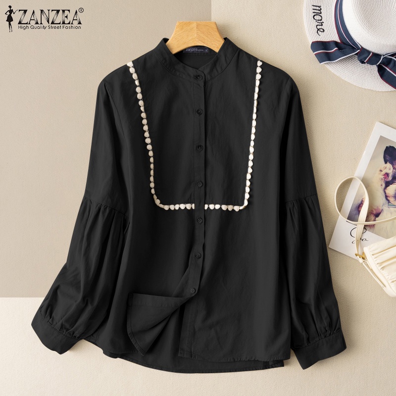 Áo Kiểu ZANZEA Tay Phồng Dài Cổ Đứng Phối Ren Họa Tiết Hoa Cúc Màu Trơn Thanh Lịch Vintage Cho Nữ Mặc Hàng Ngày